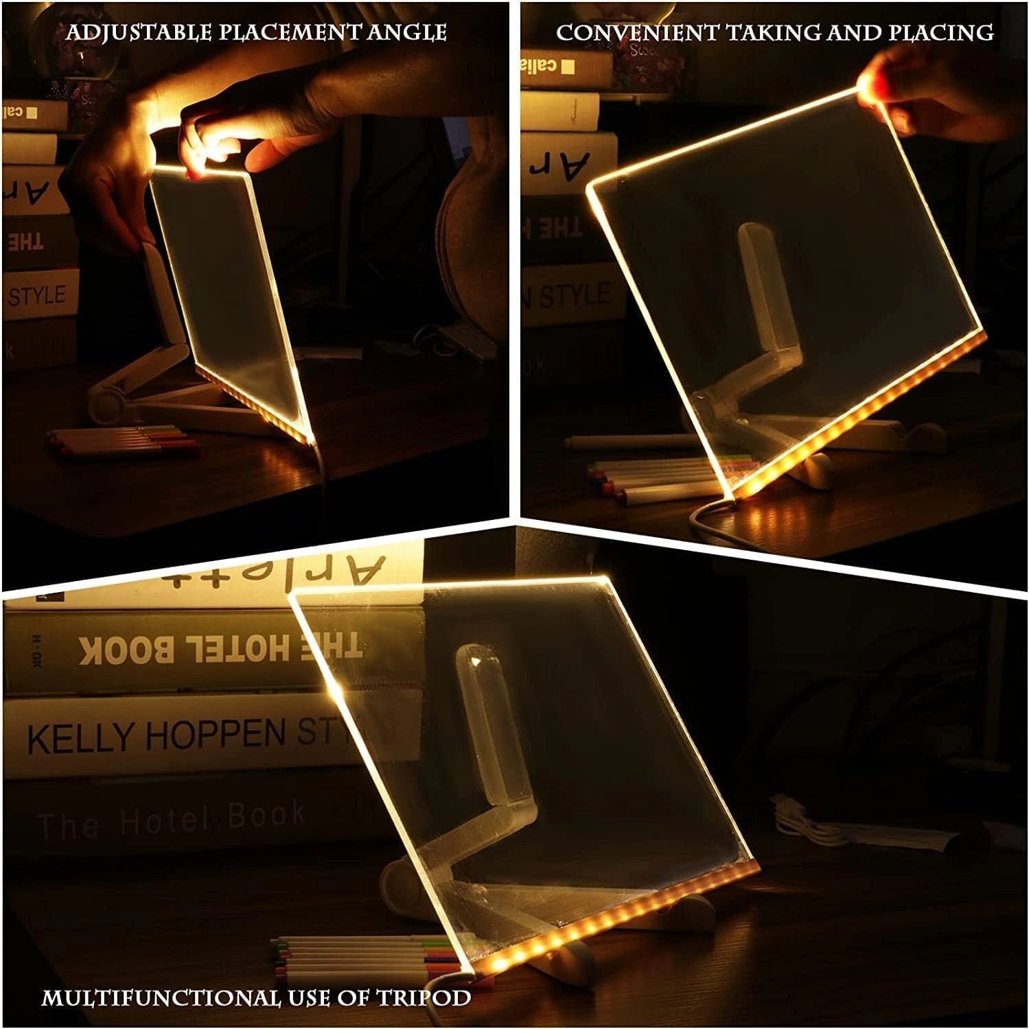 LED acrylic message board with RGB lighting, reusable writing surface, USB powered, includes colorful markers and cleaning cloth.