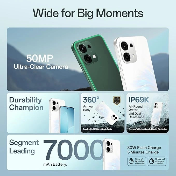 OPPO F33 5G Pearl White smartphone displayed with retail box, featuring 50MP AI dual rear camera, 16MP selfie camera, Dimensity 6360 MAX processor, and 7000mAh battery.