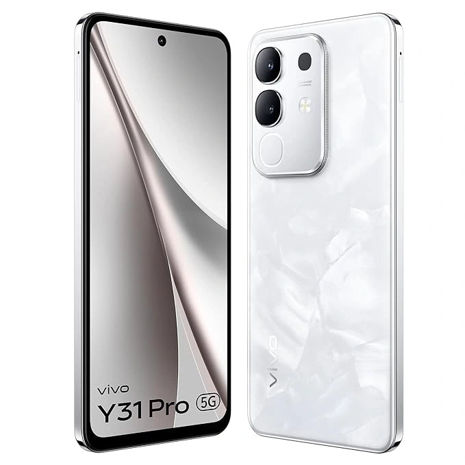 vivo Y31 Pro 5G Dreamy White smartphone with MediaTek Dimensity 7300 processor, FHD display, 50MP camera, dual stereo speakers and military-grade durability.