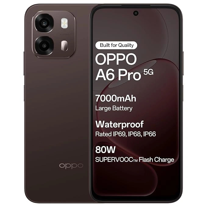 OPPO A6 Pro 5G Aurora Gold with 7000mAh battery, 80W SUPERVOOC fast charging, 120Hz Ultra Bright Display, IP69 protection and 50MP AI Camera available at JJR Mobiles by JJR MART Thoothukudi.
