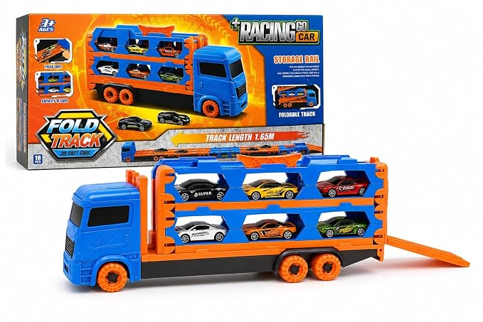 Lightning McQueen Car Carrier Truck Play Set with Foldable Track and Mini Cars | Toy Trendz by JJR MART