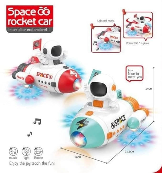Shop the Space Rocket Car Toy with colorful LED lights, music, astronaut figure, 360° rotation, bump & go movement, and sound effects. Perfect space-themed toy for kids from Toy Trendz by JJR Mart.