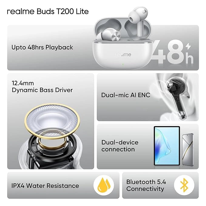 realme Buds T200 Lite Storm Grey Bluetooth True Wireless Earbuds with 12.4mm Dynamic Bass Driver, 4-Mic AI ENC, 48 Hours Playback, Bluetooth 5.4 and Google Fast Pair - JJR Mart