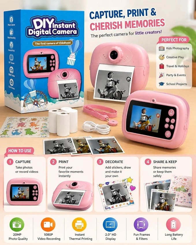 DIY Instant Digital Camera for Kids with Thermal Printer, 20MP Camera and 1080P Video Recording | Toy Trendz by JJR MART