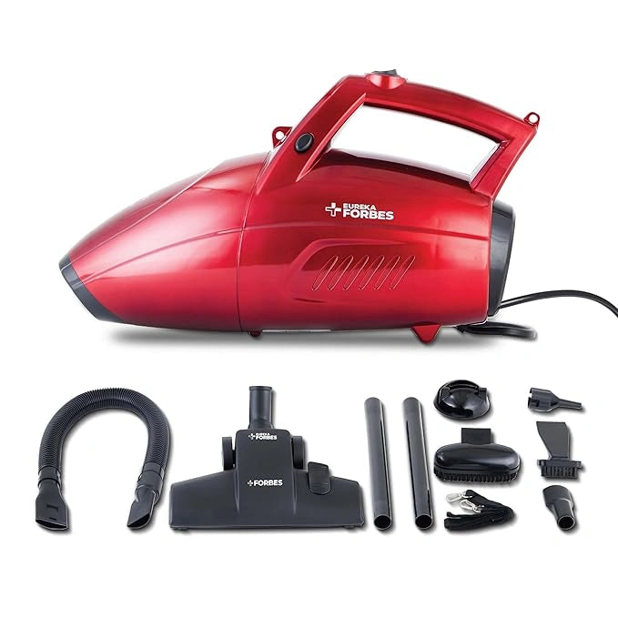 Eureka Forbes Super Clean 800W handheld vacuum cleaner with powerful 16kPa suction, HEPA filter, dual suction & blower function, and 7 cleaning attachments.