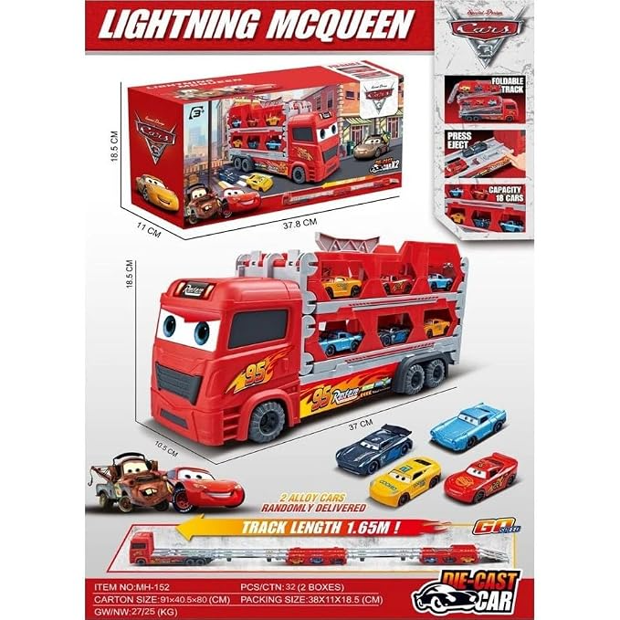 Lightning McQueen Car Carrier Truck Play Set with Foldable Track and Mini Cars | Toy Trendz by JJR MART