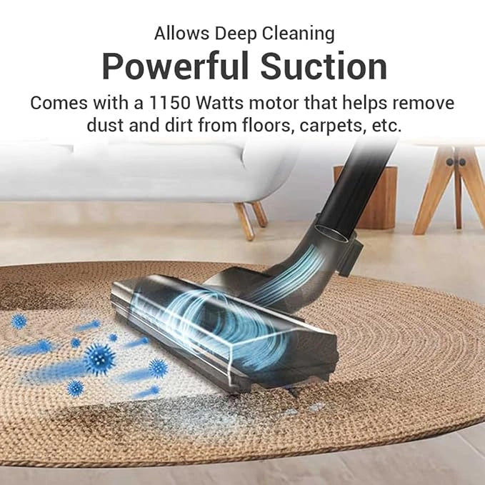 Eureka Forbes Trendy Wet & Dry DX Vacuum Cleaner with 1150W motor, 18kPa suction, blower function, 10L dust tank, 8L liquid tank and multiple cleaning accessories.