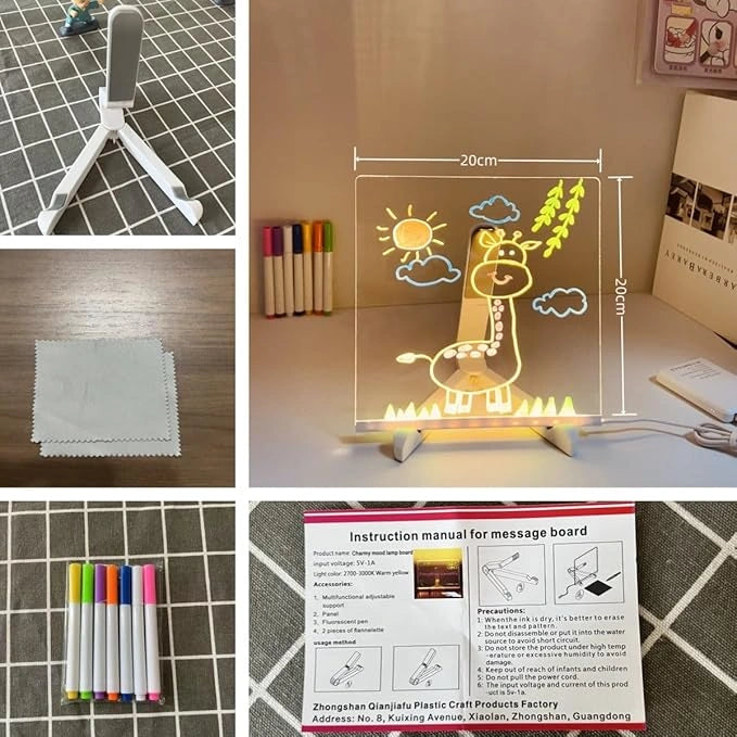LED acrylic message board with RGB lighting, reusable writing surface, USB powered, includes colorful markers and cleaning cloth.