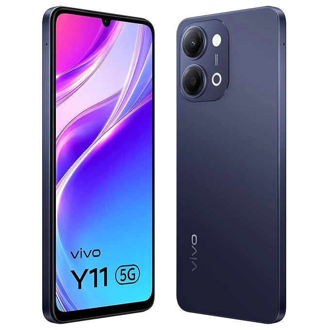 VIVO Y11 5G smartphone in black color with dual rear camera, large HD+ display and sleek design available at JJR Mobiles on JJRMart