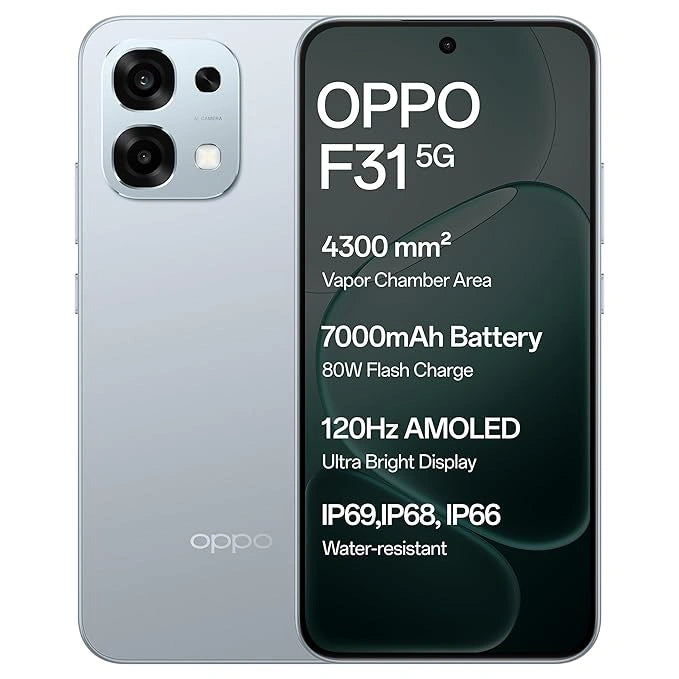 OPPO F31 5G Cloud Green smartphone with 6.57-inch AMOLED 120Hz display, 50MP AI camera, MediaTek Dimensity 6300 processor, 7000mAh battery and 80W SUPERVOOC fast charging.