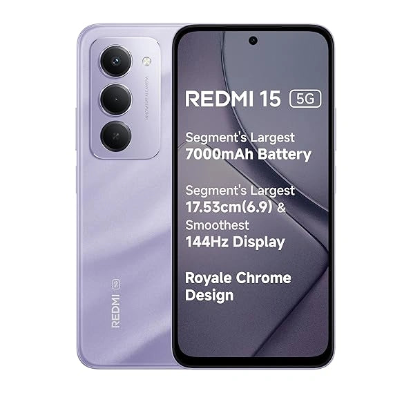 Redmi 15 5G smartphone featuring a 7000mAh Battery, Snapdragon 6s Gen 3 Processor, 6.9-inch FHD+ 144Hz Display, 50MP AI Dual Camera and Xiaomi HyperOS.