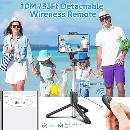 Bluetooth Selfie Stick Tripod with wireless remote control, extendable stand and mobile holder for selfies, video recording, Instagram Reels and live streaming.