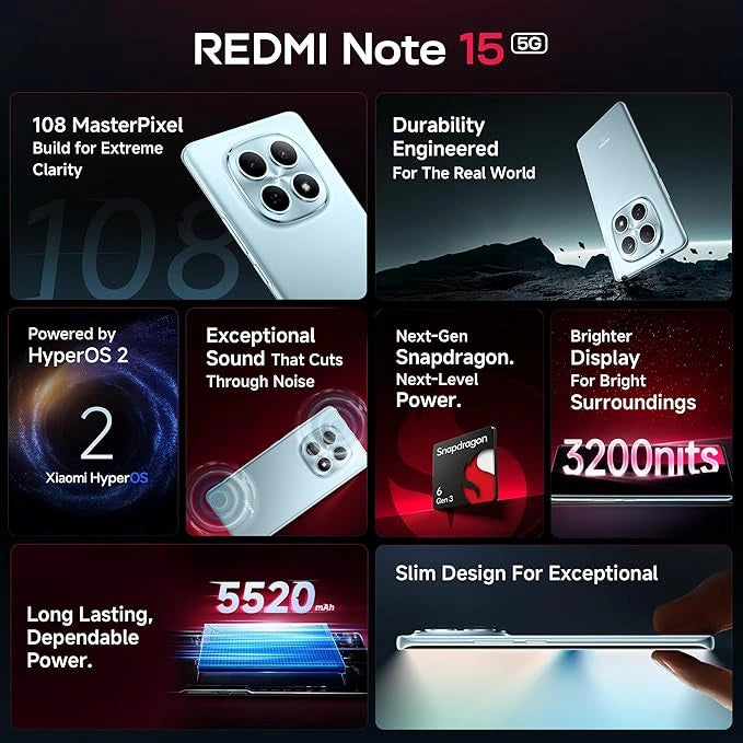 REDMI Note 15 5G Black smartphone with 108MP OIS camera, Snapdragon 6 Gen 3 processor, 6.7-inch 120Hz Curved AMOLED display, 5520mAh battery and 45W fast charging.