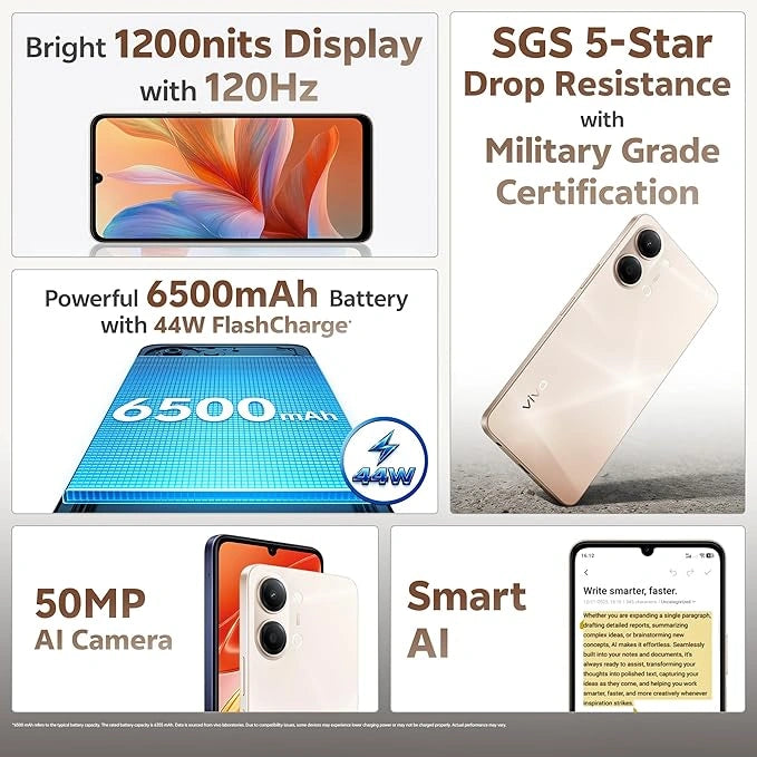 vivo Y21 5G Champagne Gold smartphone with 50MP AI Camera, 6500mAh battery, 44W FlashCharge, 120Hz display and military-grade durability.