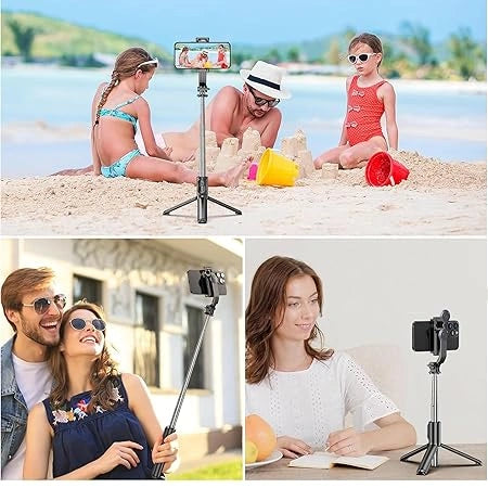 Bluetooth Selfie Stick Tripod with wireless remote control, extendable stand and mobile holder for selfies, video recording, Instagram Reels and live streaming.