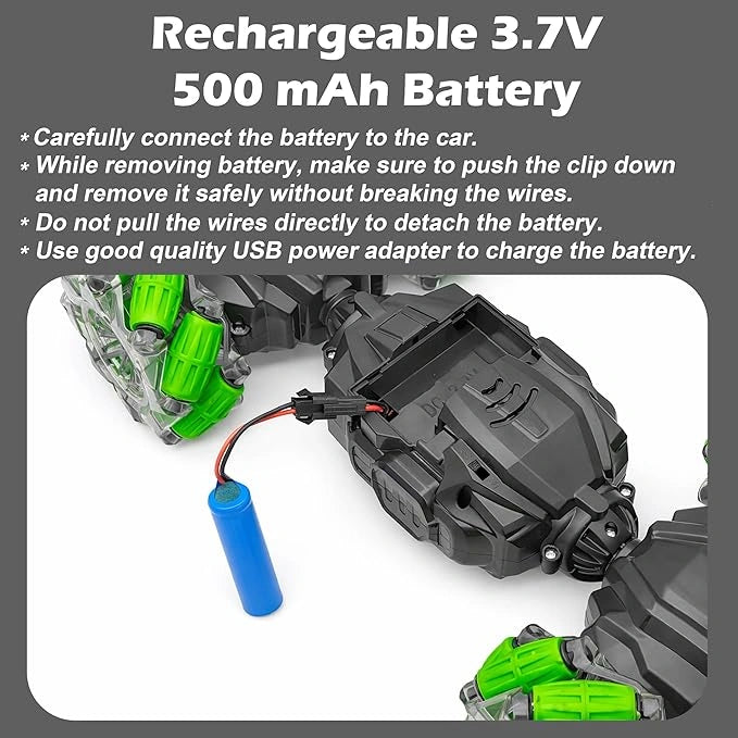 gesture control stunt drift RC car with 360° rotation, mist spray, LED lights, rechargeable battery, remote and wrist controller for kids.