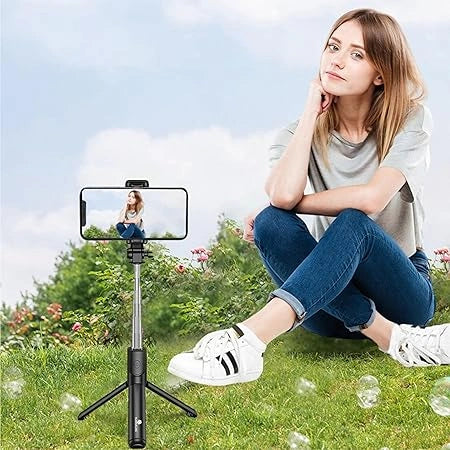 Bluetooth Selfie Stick Tripod with wireless remote control, extendable stand and mobile holder for selfies, video recording, Instagram Reels and live streaming.