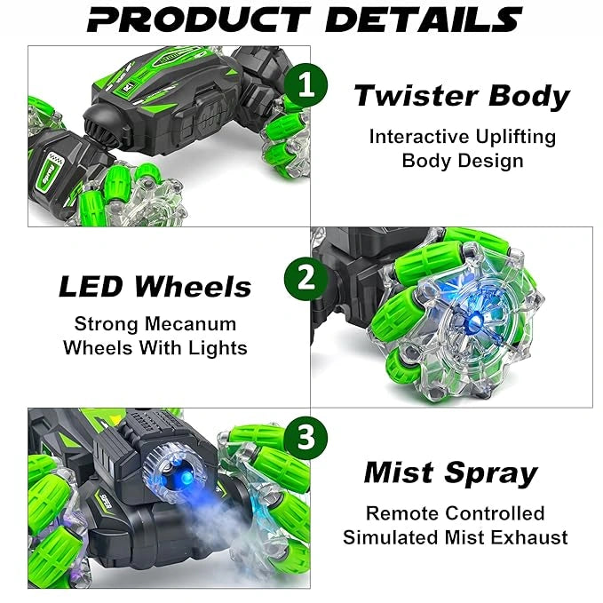 gesture control stunt drift RC car with 360° rotation, mist spray, LED lights, rechargeable battery, remote and wrist controller for kids.