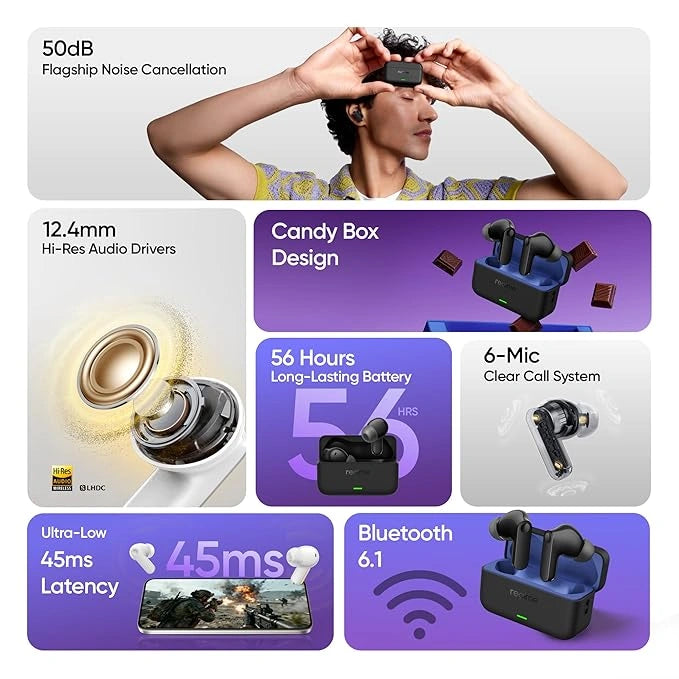 realme Buds T500 Pro Chocolate True Wireless Earbuds with 50dB ANC, 12.4mm Hi-Res Drivers, LHDC 5.0, Bluetooth 6.1, 56 Hours Playback and 6-Mic AI ENC - JJR Mart