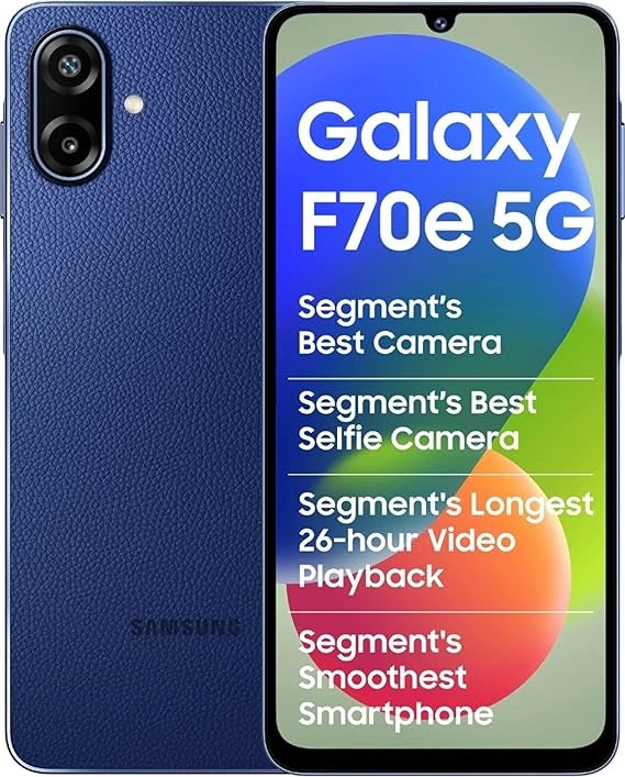 Samsung Galaxy F70e 5G Spotlight Blue smartphone with 6.74-inch display, Dimensity 6300 processor, 6000mAh battery and 128GB storage.