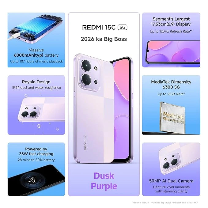 Redmi 15C 5G 6GB RAM 128GB smartphone with 120Hz display, 50MP AI camera, MediaTek Dimensity 6300 processor and 6000mAh battery - JJR Mobiles