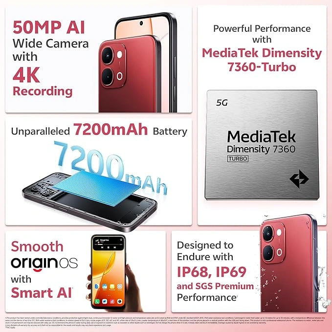 Vivo Y51 Pro 5G Crimson Red smartphone with 8GB RAM, 128GB storage, 50MP camera and 7200mAh battery