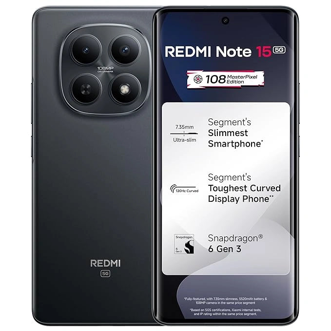 REDMI Note 15 5G Black smartphone with 108MP OIS camera, Snapdragon 6 Gen 3 processor, 6.7-inch 120Hz Curved AMOLED display, 5520mAh battery and 45W fast charging.
