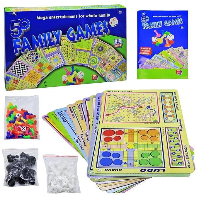 50 Family Games Collection with Multiple Classic Board Games, Playing Pieces and Dice | Toy Trendz by JJR MART