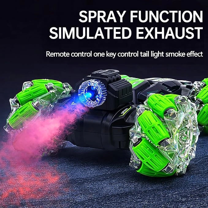 gesture control stunt drift RC car with 360° rotation, mist spray, LED lights, rechargeable battery, remote and wrist controller for kids.
