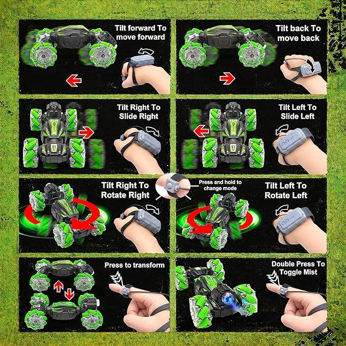 gesture control stunt drift RC car with 360° rotation, mist spray, LED lights, rechargeable battery, remote and wrist controller for kids.