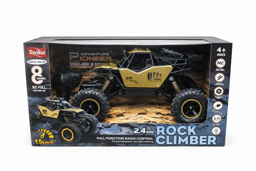 Rock Climber RC Buggy off-road remote control vehicle with large tyres, shock absorbers and 2.4GHz controller.
