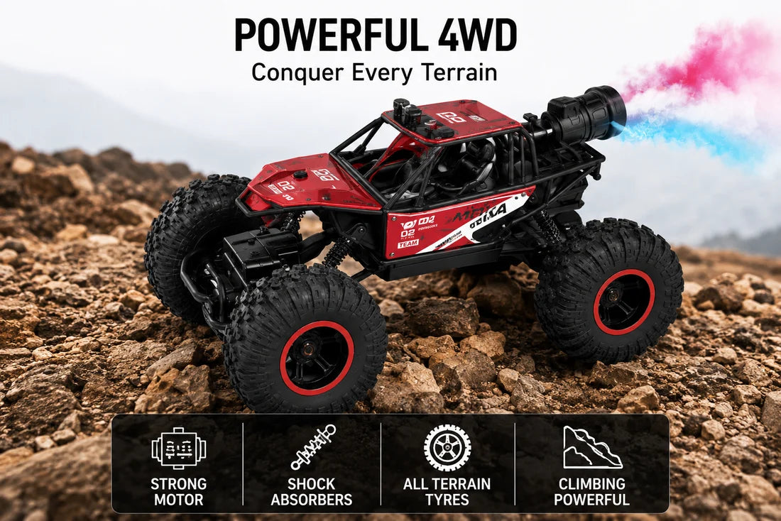 MOKA 4WD Rock Crawler remote control off-road RC car with 2.4GHz controller, alloy material, spray function, and high-strength shock absorbers at Toy Trendz by JJR Mart.