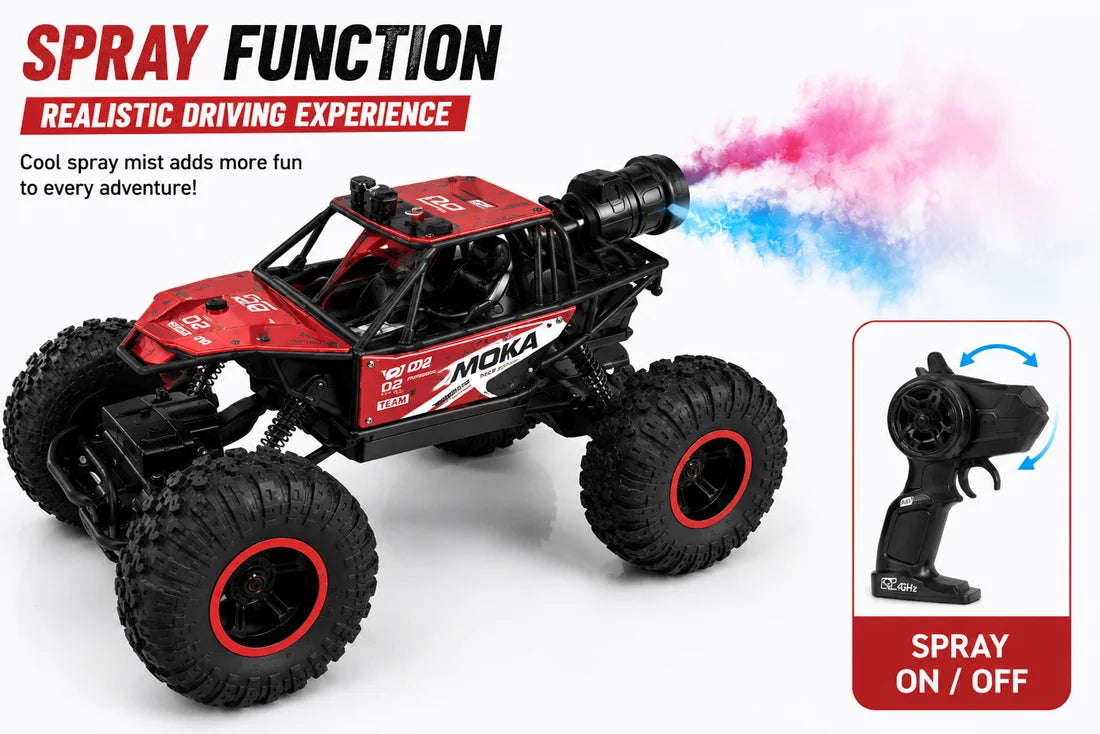 MOKA 4WD Rock Crawler remote control off-road RC car with 2.4GHz controller, alloy material, spray function, and high-strength shock absorbers at Toy Trendz by JJR Mart.