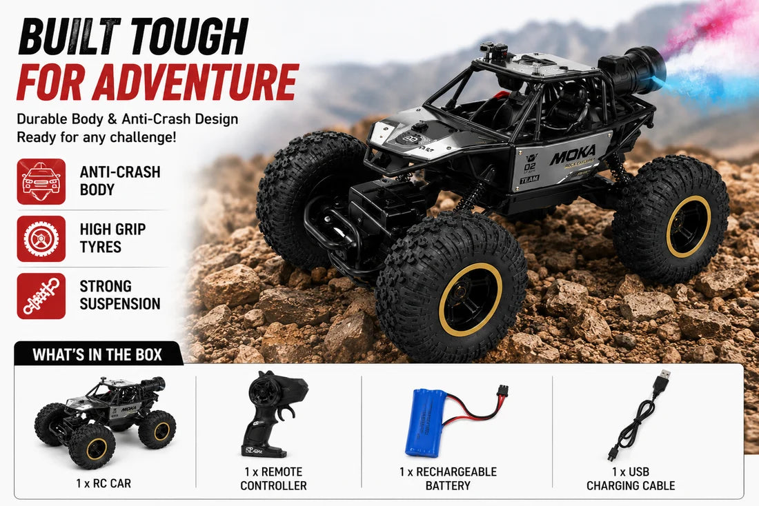 MOKA 4WD Rock Crawler remote control off-road RC car with 2.4GHz controller, alloy material, spray function, and high-strength shock absorbers at Toy Trendz by JJR Mart.