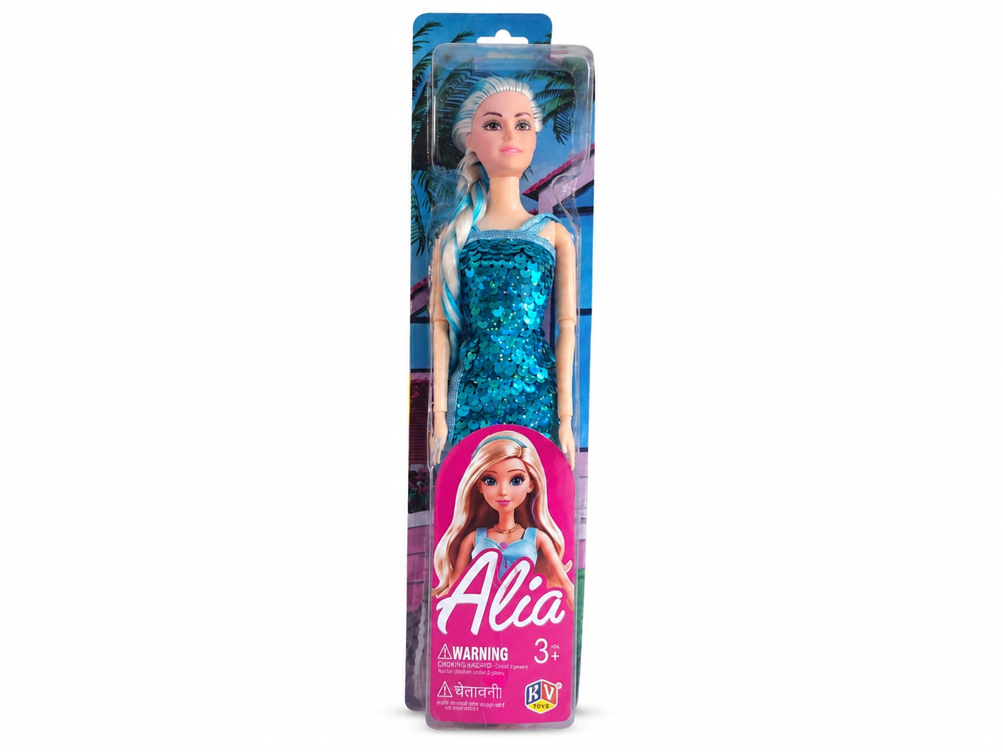 Alia Mermaid Fashion Doll toy with sparkling blue dress in box for kids age 3+
