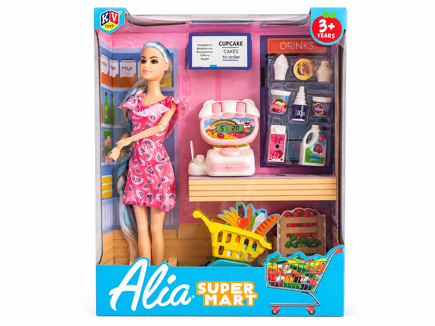 Alia Mermaid Fashion Doll toy with sparkling blue dress in box for kids age 3+