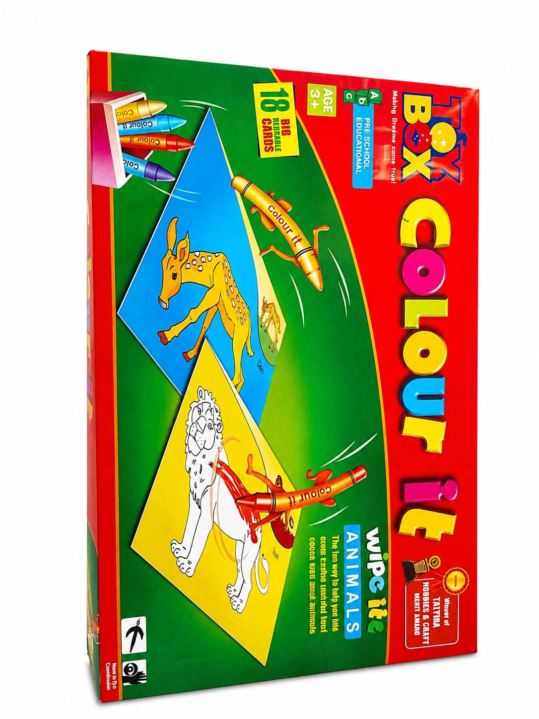 TOY BOX Colour It Wipe It Animals reusable colouring activity game with 18 reusable cards and wipe-clean crayons for kids age 3+
