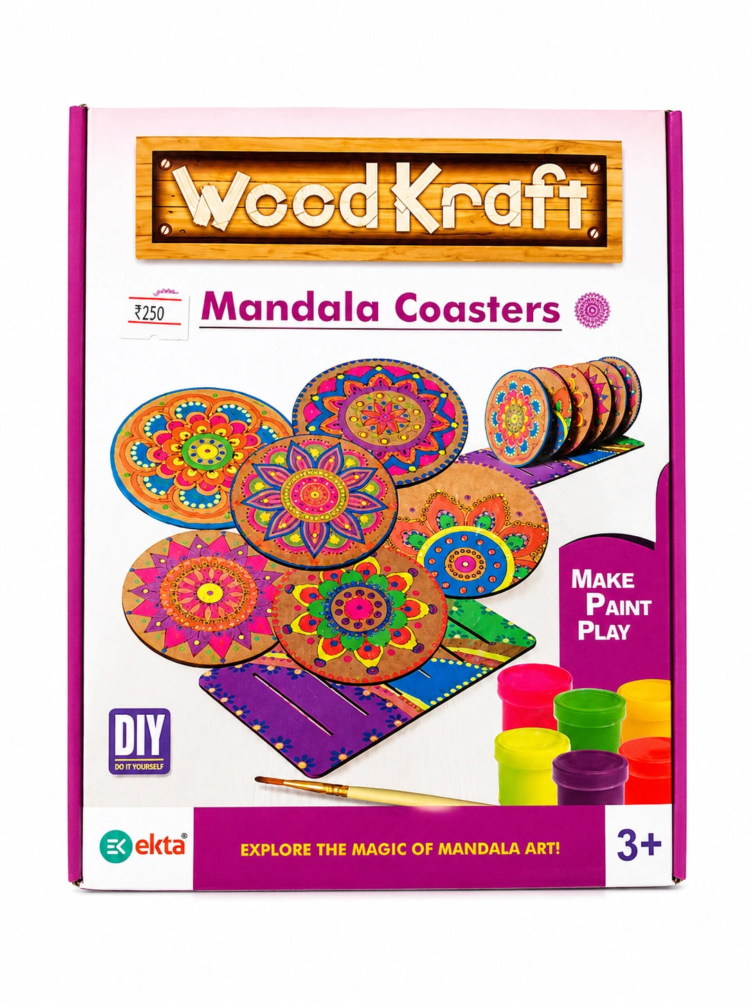 WoodKraft Mandala Coasters DIY art and craft kit with wooden coasters, paints, brush and coaster stand for kids age 3+