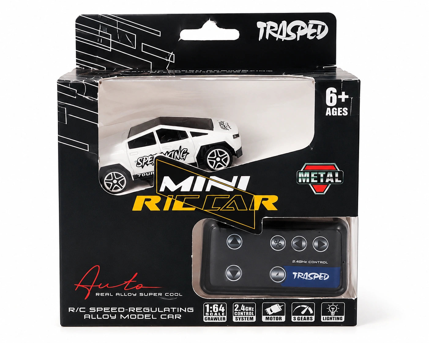 Mini RC Car 2.4GHz remote control metal toy car with controller, alloy body, lighting effects and speed control for kids age 6+ available at Toy Trendz and JJR Mart
