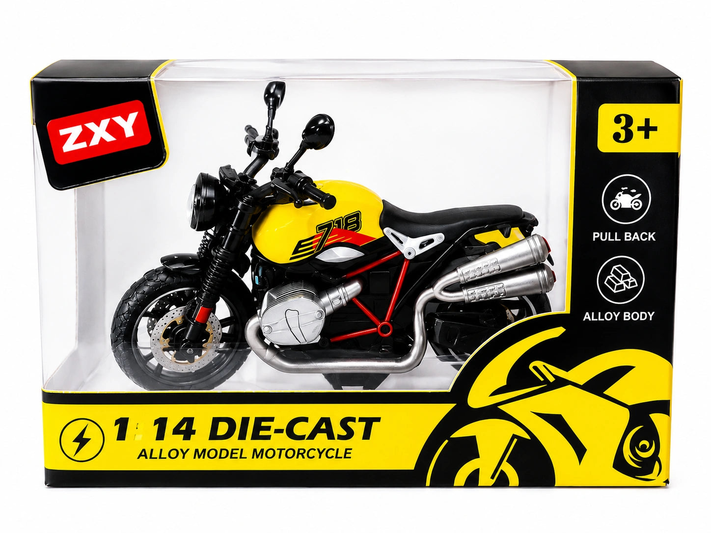 1:14 die-cast alloy model motorcycle toy with pull-back action, detailed design and metal body for kids age 3+ available at Toy Trendz and JJR Mart
