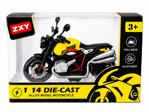 1:14 die-cast alloy model motorcycle toy with pull-back action, detailed design and metal body for kids age 3+ available at Toy Trendz and JJR Mart