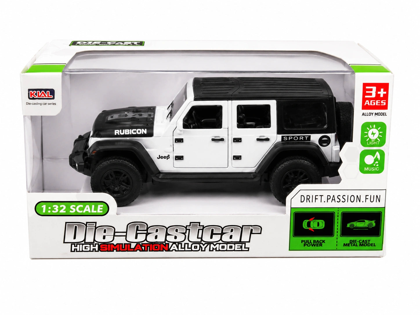 1:32 die-cast Rubicon SUV model car with pull back action, lights, music and alloy body toy for kids age 3+ available at Toy Trendz and JJR Mart