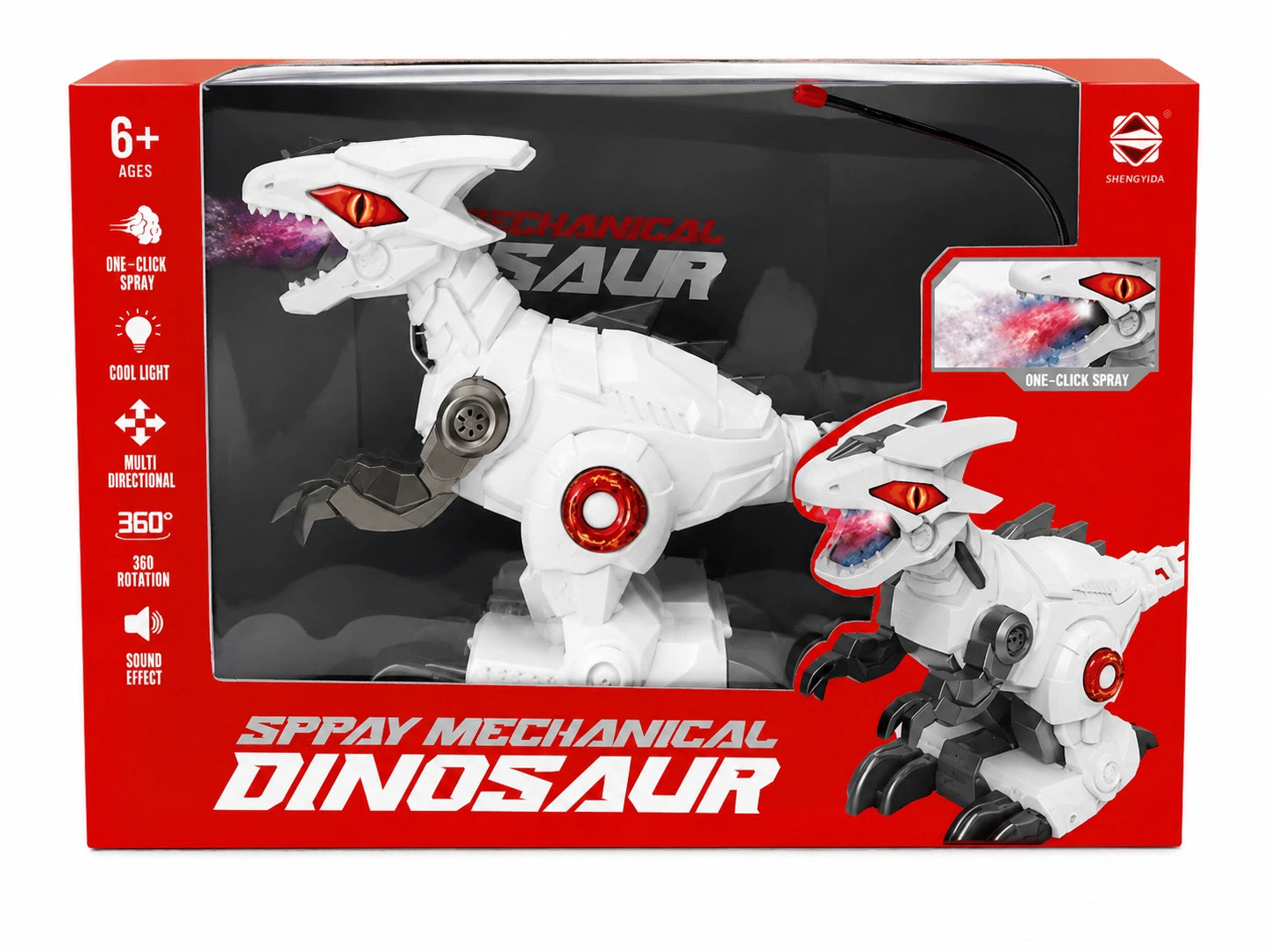 Spray Mechanical Dinosaur toy with mist spray, LED lights, sound effects and 360 degree movement for kids age 6+ available at Toy Trendz and JJR Mart