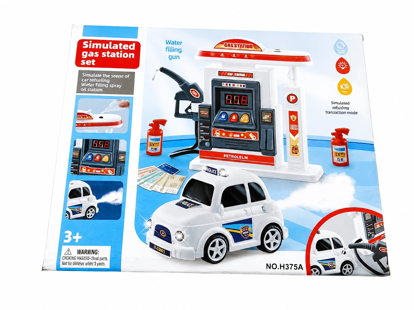 Interactive kids gas station play set with police car, water spray fueling gun, lights, sounds, and role play accessories