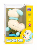 Happy Kids Dancing Dog toy with colorful lights, music, movement, and leash for kids aged 3 years and above.
