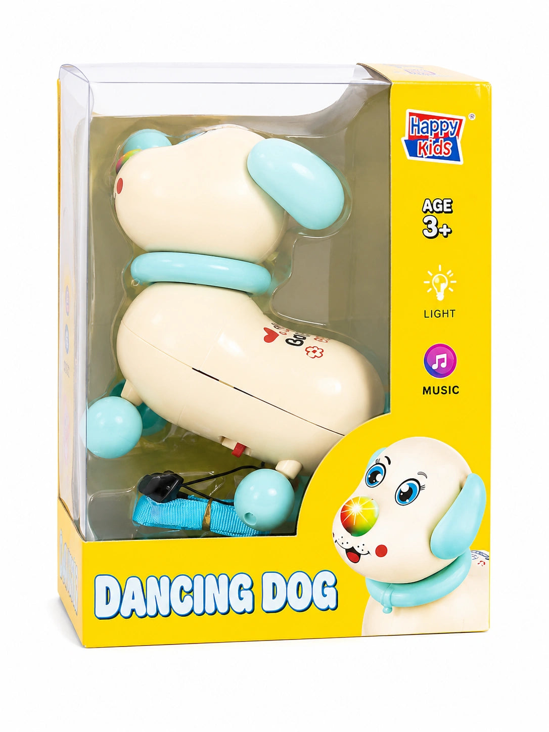 Happy Kids Dancing Dog toy with colorful lights, music, movement, and leash for kids aged 3 years and above.