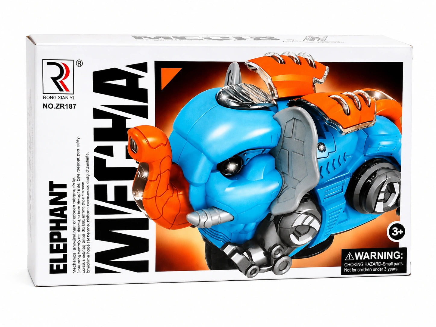 Mechanical elephant toy with lights, music, walking movement, and futuristic robotic design for kids aged 3 years and above.