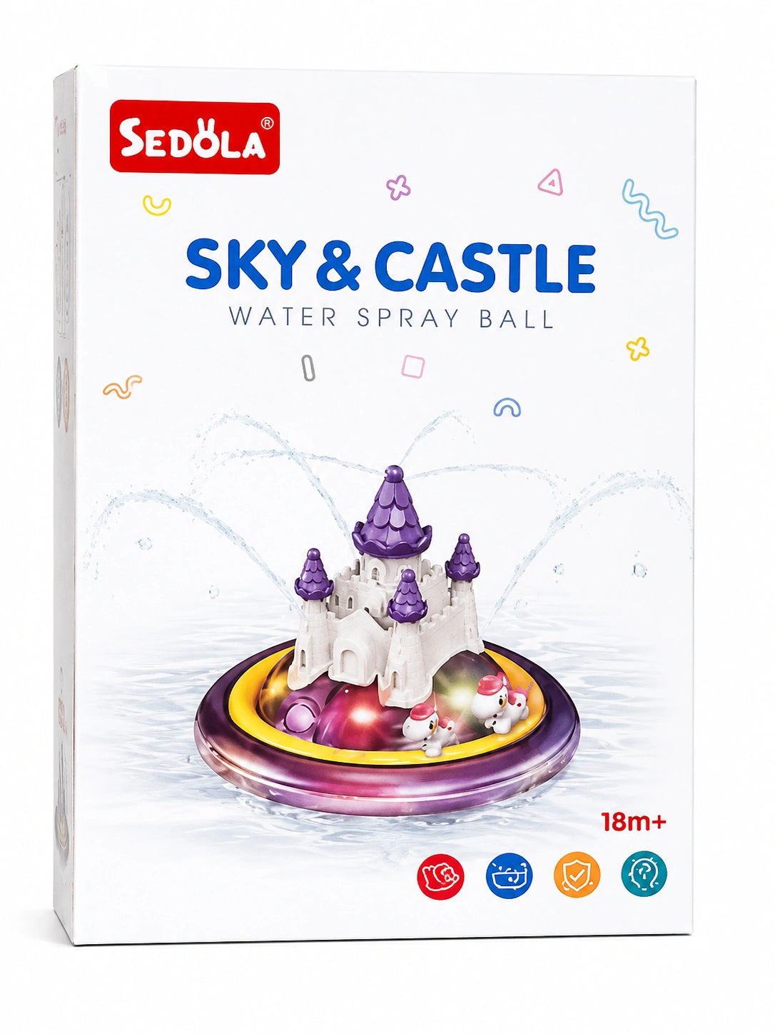 Sedola Sky and Castle Water Spray Ball toy with rotating castle, water spray effects, lights, and interactive play for toddlers.