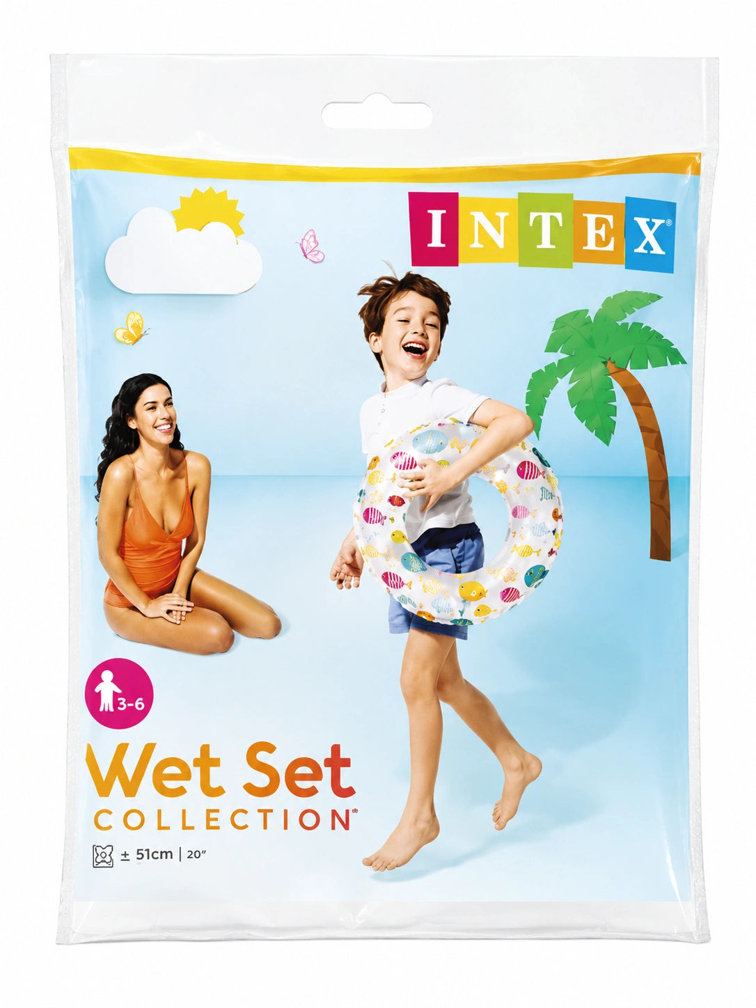 Intex Wet Set inflatable swim ring 51cm for kids aged 3 to 6 years, colorful water play float for swimming and pool fun.