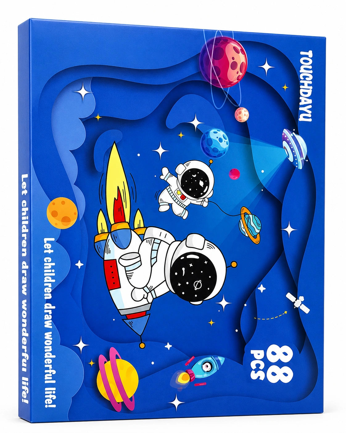 88 piece kids art kit with space theme design, drawing supplies, coloring tools, and creative activity set for children.